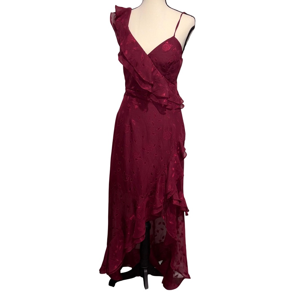 Ruffle Burnout Floral High-Low Maxi Dress Formal Women Small Burgundy Lulus